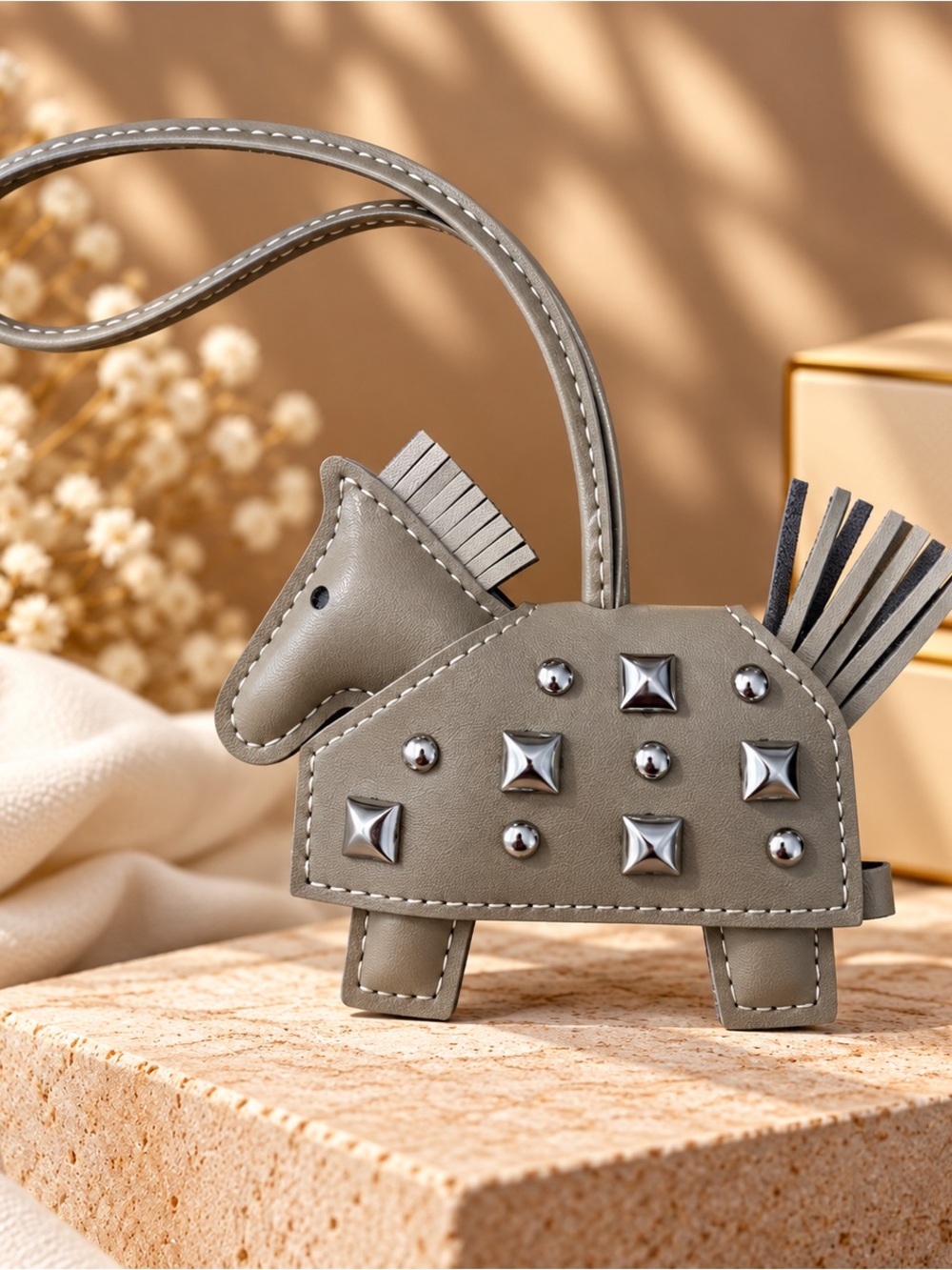 NWOT Taupe Gray Horse Bag Charm Studded Purse Charm